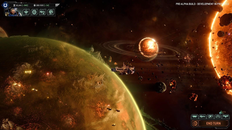 Total War Warhammer 40k - A Space Marine frigate orbits a war torn world