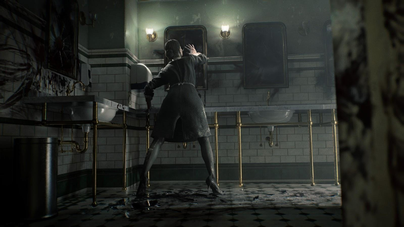 Resident Evil Requiem - A figure drinks a strange elixir in a bathroom