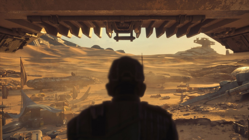Star Wars Galactic Racer - A person looks out at a ruined desert; a star destroyer hull looms ahead